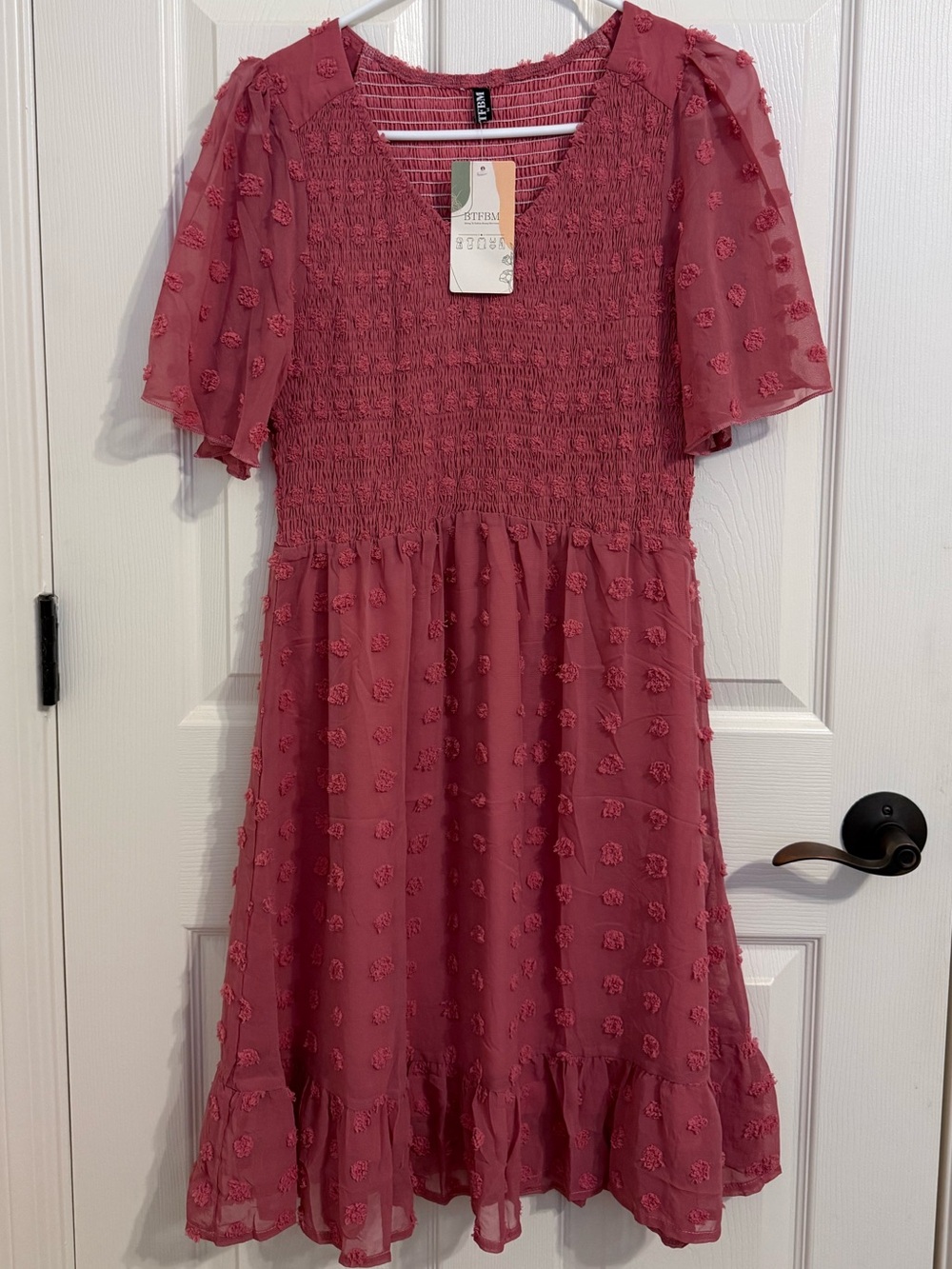 Elegant Dusty Rose Smocked V-Neck Floral Textured Dress